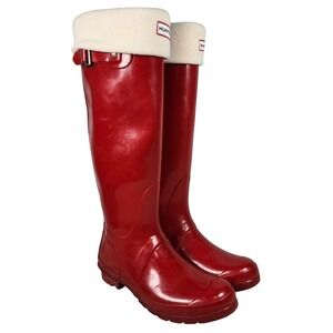 Hunter Original Tall Gloss Rain Boots Red WFT1000RGL Women Size 8 with Socks